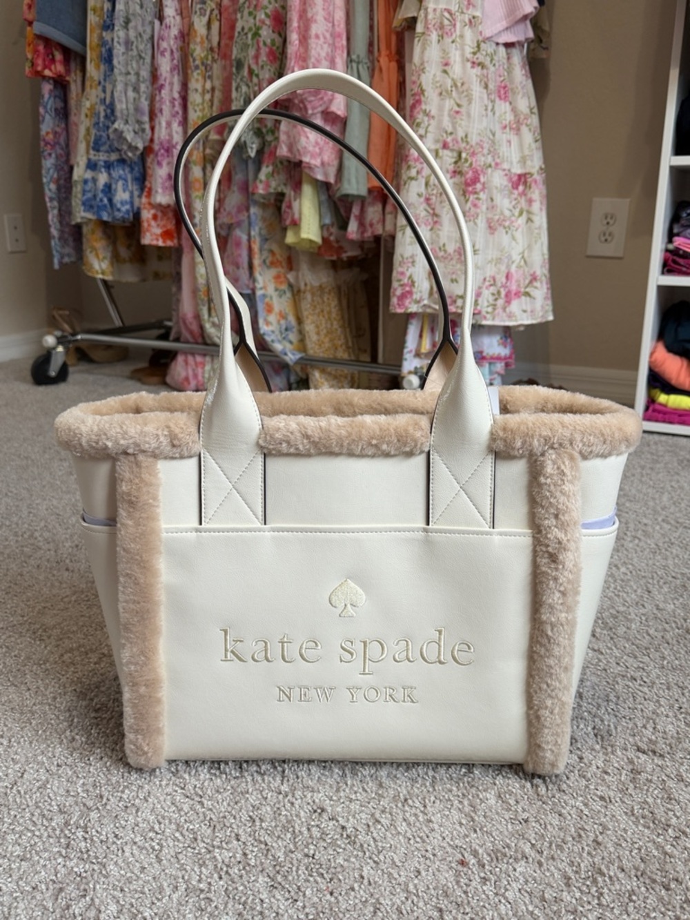 kate spade cream tote with beige shearling trim